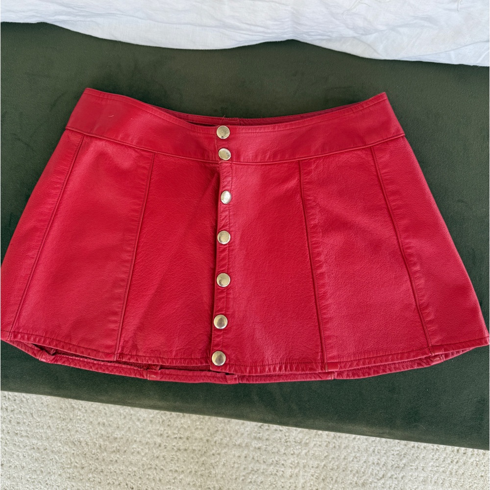 Real leather snap up mini skirt